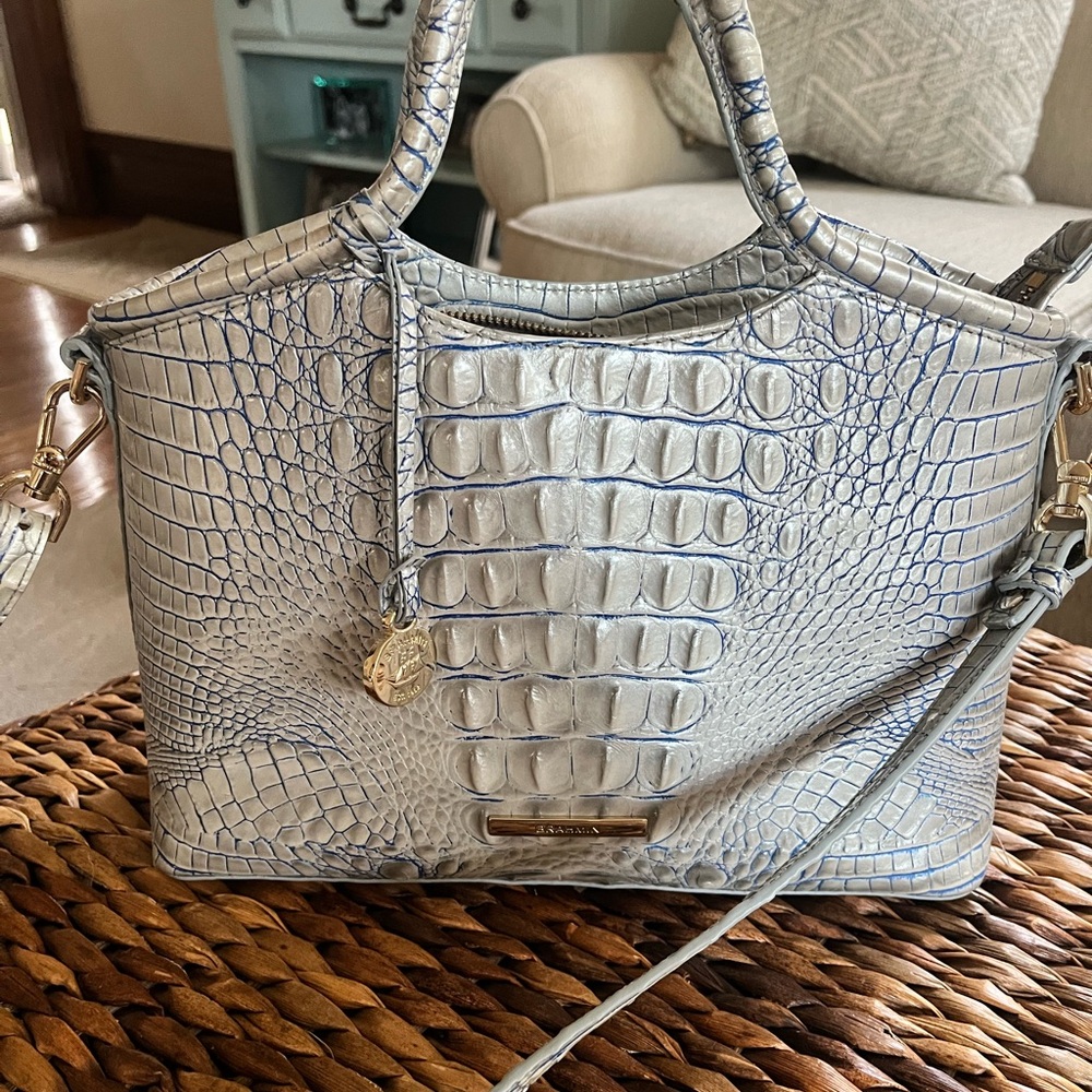 Brahmin Metallic Silver Croc-Embossed Satchel with Blue Accents